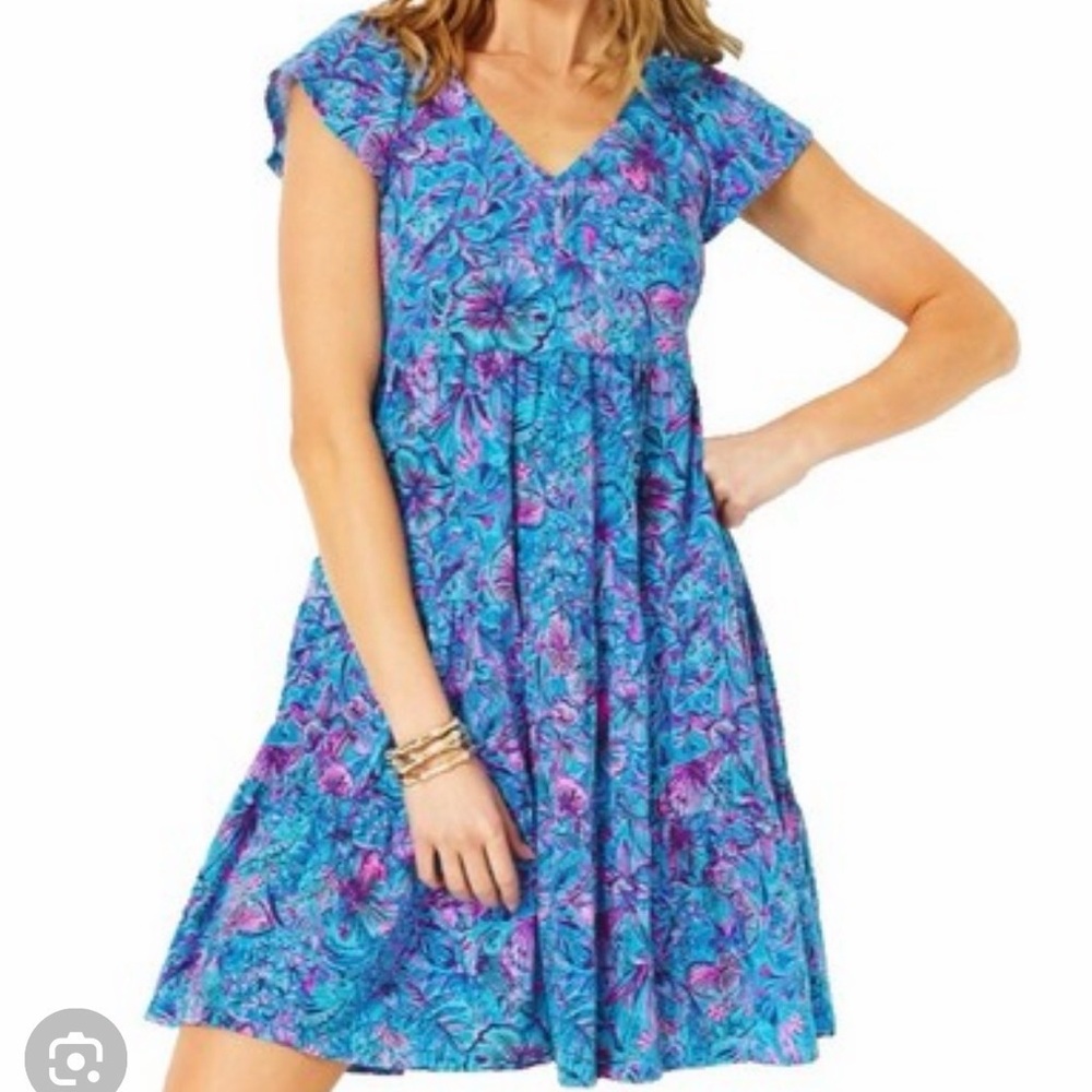 Lilly Pulitzer XL Kawai Breakwater Blue Shells N Bells Flutter Sleeve Dress